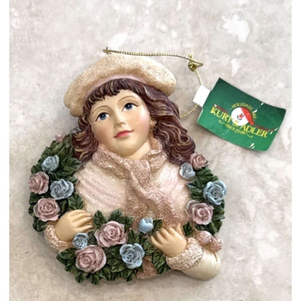 VTG NWT Kurt‎ Adler Santa's World Girl W/Roses Wreath 3.5" Ornament